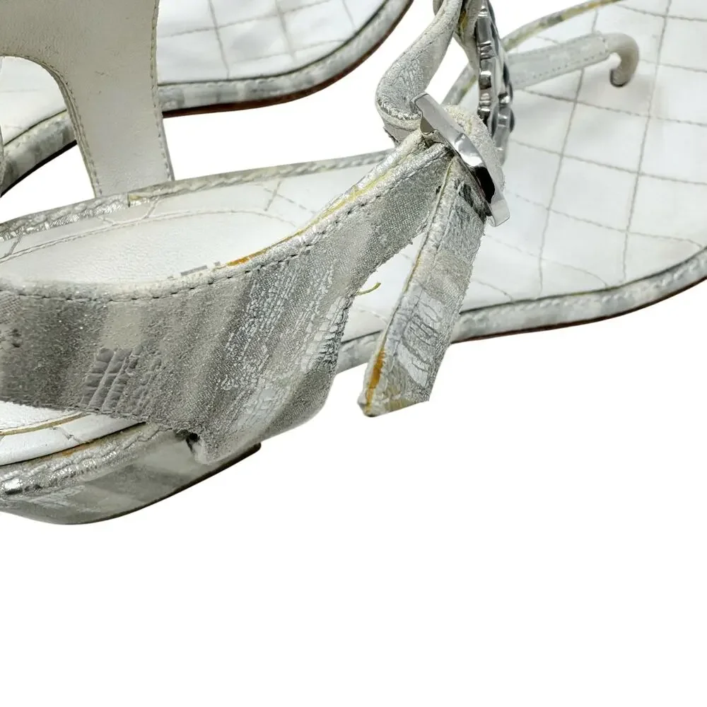 Chanel 20P Silver Laminated Quilted CC Thong Block Heel Sandals 37.5 Box